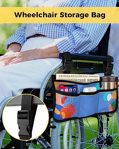 Colorful Boho Wheelchair Side Bag Walker Bag, Geometric Simple Botanical Wheelchair Accessories Armrest Pouch, Organizer Storage Bag for Walkers, Rollators, Scooters, 7.3''x13''