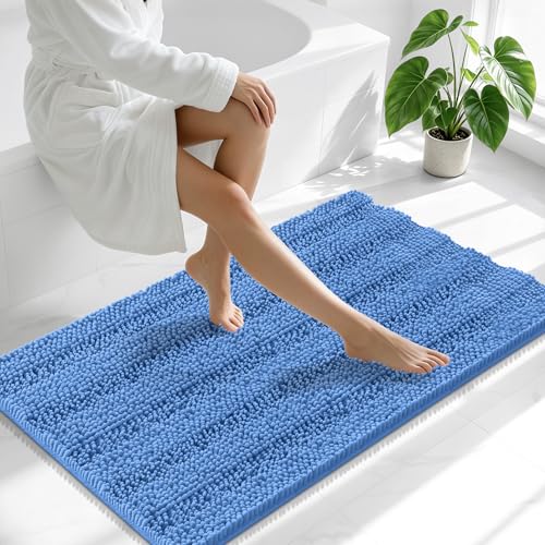 Image of Smiry Thick Chenille Bathroom Runner Rugs 44x24, Extra Absorbent Striped Bath Mat, Machine Washable, Rubber Backing, Long Bath Rugs for Tub & Shower, Modern Home Decor Accessories, Cornflower Blue