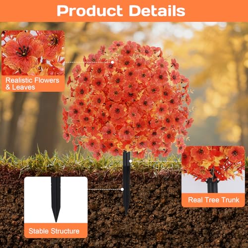 Geegoods Set of 2 Artificial Topiary Ball Tree with Flower for Outdoor, Fall Fake Shrubs Bushes with Ground Spikes, UV Resistant Faux Boxwoods Plants for Garden Porch Patio Decor