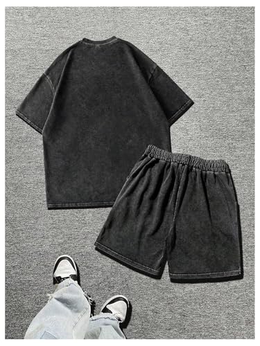 Men's Y2k 2 Piece Vintage Outfits Punk Grunk Graphic Wash Crew Neck Short Sleeve T-Shirt and Drawstring Shorts Streetwear2