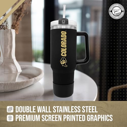 Image of Campus Colors College & University 40 oz Travel Tumbler With Handle - Dual Option Lid With Straw - Vacuum Insulated Stainless Steel (Colorado Buffaloes - Black)
