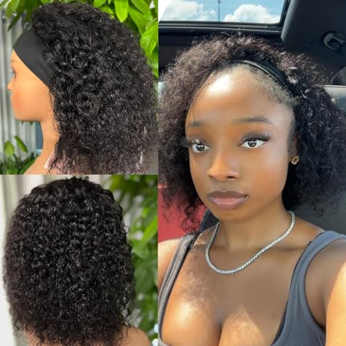 Headband Wig Human Hair Deep Wave 12 Inches None Lace Front Wig Human Hair Machine Made Wigs 150% Density Headband Curly Human Hair Wigs for Women Natural Color Half Wigs - Image 3