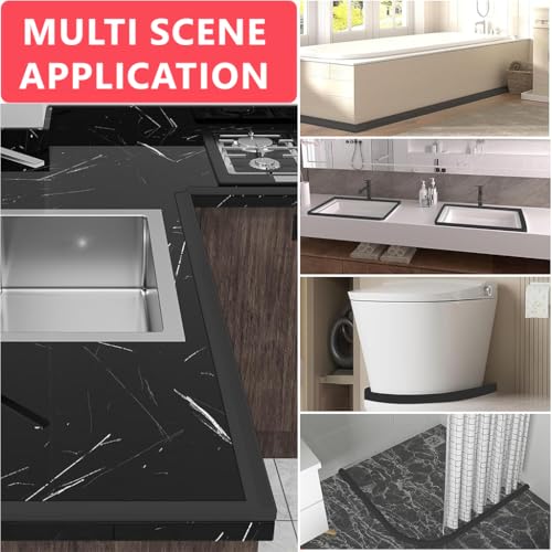Image of HASTHIP 39Inch /1m Water Stopper with Glue - Sink Splash Guard in Kitchen Water Dam Barrier Strip Shower Silicone Bendable Water Stopper for Kitchen Sink, Black
