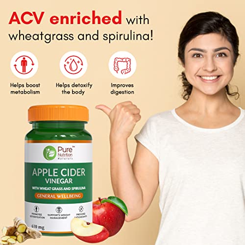 Image of Pure Nutrition ACV Apple Cider Vinegar Tablets | Control Craving | ACV for Weight Loss & Detox with Wheat Grass & Spirulina for Enhanced Wellness | Rich in Antioxidants | Supports Weight Management, Detoxification & Immunity - 60 Veg Capsules (Pack of 3)