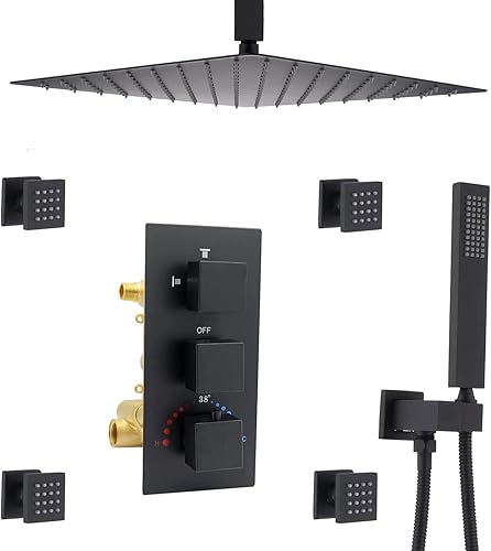 Sistema de ducha de lluvia con chorros corporales: cabezal de lluvia de montaje en techo de 12 pulgadas y rociador de mano, juegos de grifos