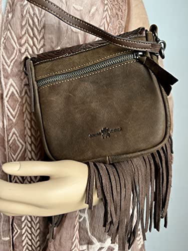western floral tooled 100% leather fringe cross body purse (brown) Small3