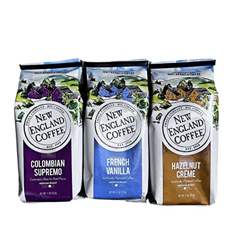 New England Coffee Bundle, 1-11 Oz. Bag Hazelnut Creme/1-11 Oz. Bag Colombian Supremo/1-11 Oz. Bag French Vanilla #TOP1