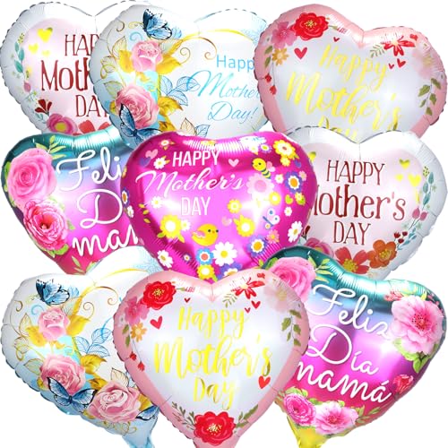 AxiyanX Happy Mothers Day Balloons 9PCS with Ribbon - 18 Inch Heart Foil Balloons No Helium Required Perfect for Mothers Day Party Decorations Gifts Home & Office Decor