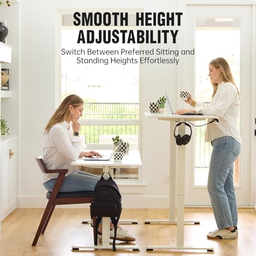 Image of Veken 47.2 Inch Electric Standing Desk, Height Adjustable Sit Stand Up, Wood Desktop, Work Home Office Computer PC Desks, Gaming Writing Study Bedroom Rising Table, Tall Standup Workstation, White