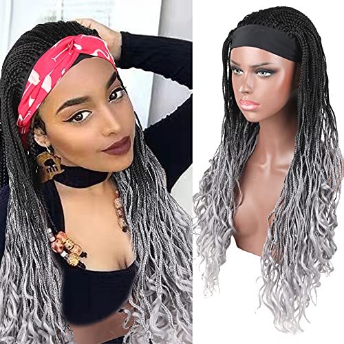 Crochet Box Braids Headband Wigs for Black Women Goddess Crochet Curly Ends Wigs 28 Inch Headband Wig Synthetic Braiding Hair Crochet Braided Hair Box Braid Crochet Hair (1B/Gray)