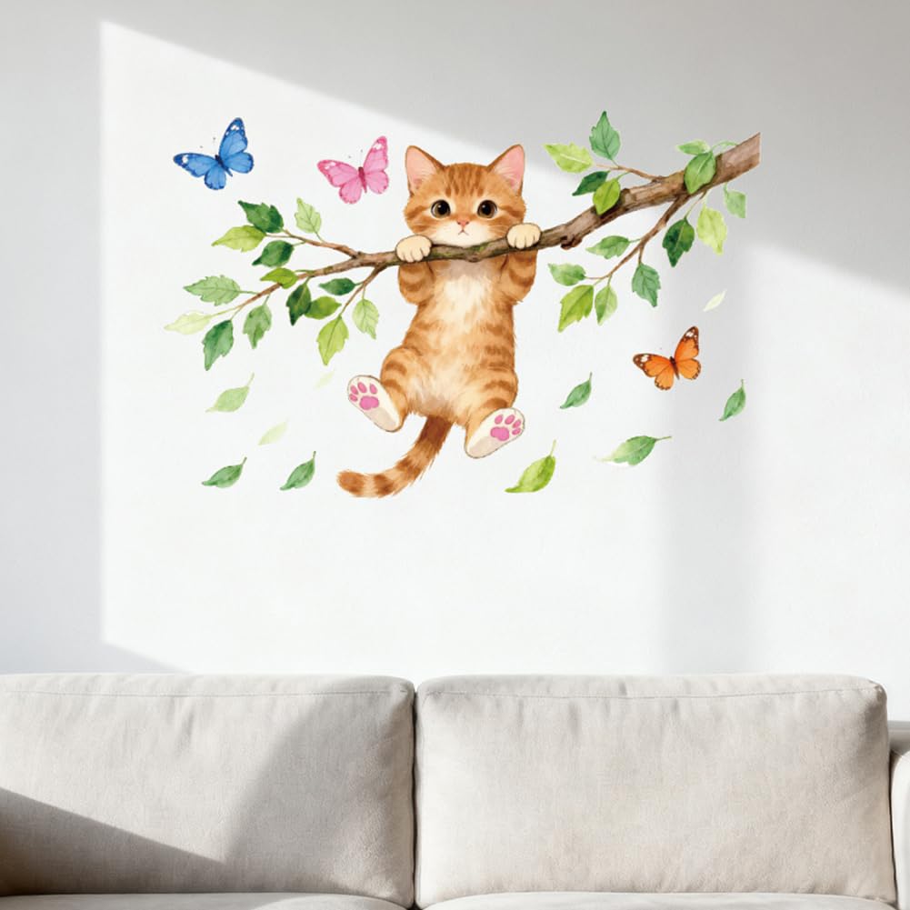ANATTASOUL 2pcs Kitchen Wall Stickers Cat and Branch Peel and Stick Wall Decals, Wall Murals Removable Wall Art Decor for Living Room, Bedroom, Nursery, Toilet, Bathroom, Office Decoration