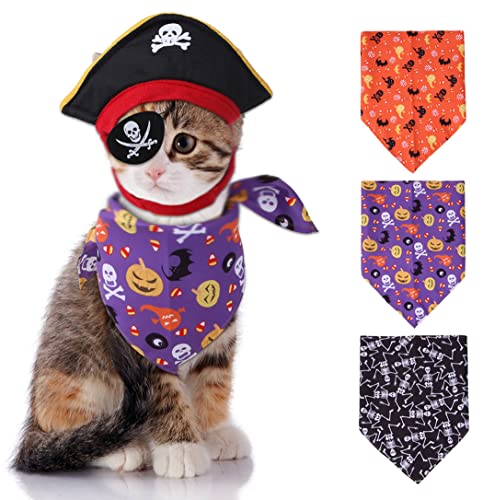 XIAOYU 3 Pieces Halloween Dog Pirate Costume Set - Pet Hat, Skull Triangle Bandana, and Blindfold for Dog Cat Cosplay Black - Image 2