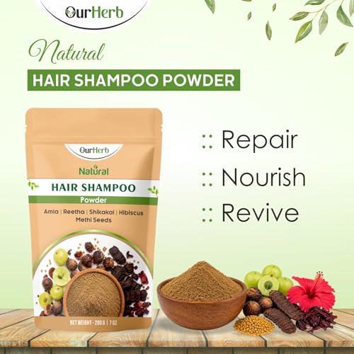 Image of Natural Hair Shampoo Powder with Amla, Reetha, Shikakai, Hibiscus & Methi Dana | Organic Herbal Hair Cleanser for Men & Women | Paraben & Sulphate Free Includes Wooden Spoon - 200gm