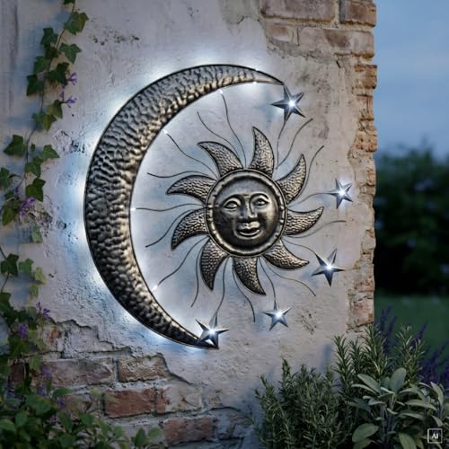 abc HOME | Solar Wanddeko Sonne & Mond &ndash; XL 70 cm Breit &ndash; 14 LEDs mit Lichtsensor &ndash; Wetterfestes Metall Wandbild f&uuml;r Au&szlig;en & Garten &ndash; Sonne Mond Sterne Dekoration