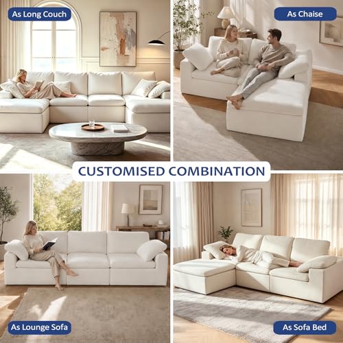 Image of 140 inch Cloud Sectional Couches for Living Room, Boneless U Shaped Couch | Convertible L Shaped Sofa Bed with Ottoman, No Assembly, 6 Seater Modular Sectional Sofa, Warm White