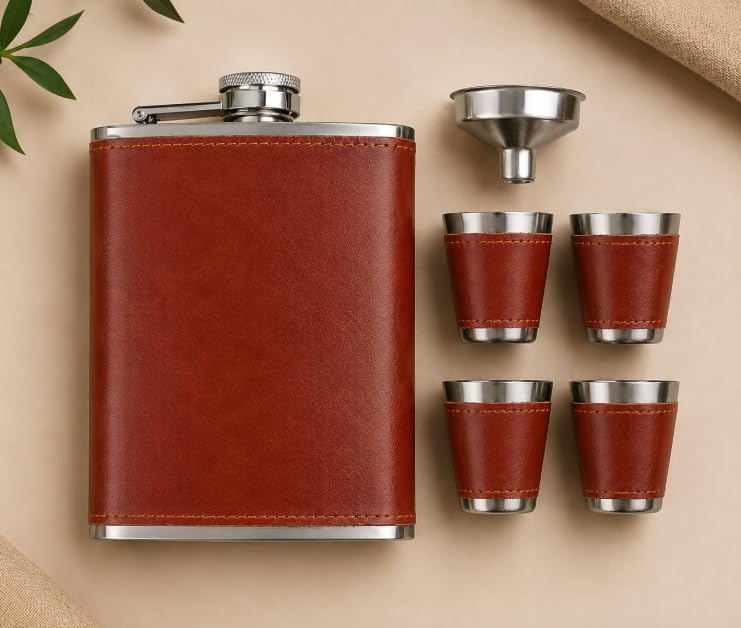 Stainless Steel Hip Flask, Leather Wrapped Whiskey Flask with 4 Shot Glasses & Funnel, Alcohol Beverage Holder, Leakproof Liquor Bottle for Men, Travel Pocket Flask 500ml-picture-33