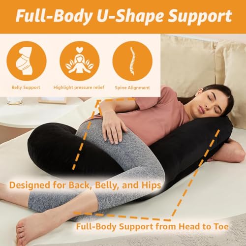 Image of Amazon Basics Full Body Pregnancy Pillow for Maternity, Baby Nursing, Full Body Support -Abdomen,Hip, Spine, Neck& Leg Support Cushion| Perfect Baby Shower Gift |C-Shaped-Washable Cover with Zip-Black