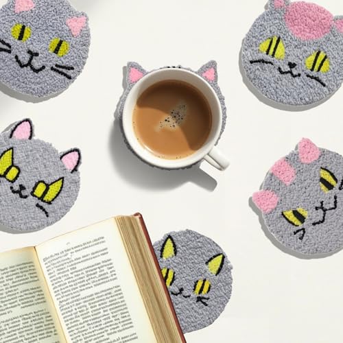 Image of 57lilina 6pcs Coaster Punch Needle Kit for Beginners & Adults, Animal Cat | Complete Step-by-Step Guide Make Punch Stitching Embroidery Art Drink Coasters, Easy DIY Hobby Craft Set for Women Starter