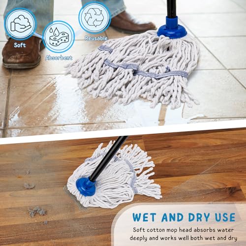 Image of Mops for Indoor Floor Cleaning, Small Cotton String Mop for House, Kitchen, Bathroom, Deck, Rag Mop with 51'' Handle (2 Mop Heads)