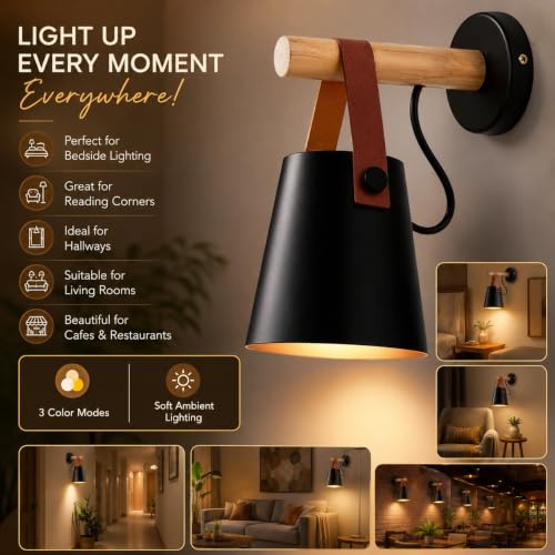 Image of Smartway Black Leather LED Wall Lamp | Modern Decorative Wall Light for Living Room, Bedroom, Bedside & Kids Room | Wooden Arm Designer Wall Mount Light | Premium Home Decor | 1-Year Warranty