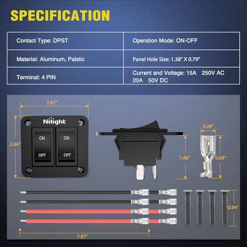 Image of Nilight 2 Gang ON-Off Switch Panel 4 PIN DPST Toggle Switches 12V 20A Black | Anodized Aluminium Shell Bracket with Screws Ternimals Jumper Wires Set for Cars Trailers Boats RV Camper