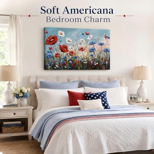 Image of Patriotic Red White Blue Wildflower Wall Art, 4th of July Floral Canvas Prints, Framed Independence Day Wall Decor, American Flag Butterfly Artwork for Bedroom Office, Made in USA