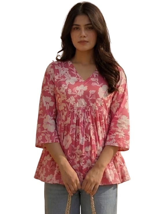 Cotton Floral Printed Gathered Peplum Short Kurti for Women | V Neck 3/4 Sleeves | Waist Short Kurti | Regular Fit Tunic Top for Women | Casual Summer Wear | Pink-picture-17