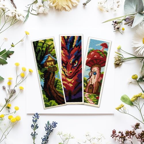 Image of ACRNIGHEET 6 PCS Cross Stitch Bookmark Kit DIY Bookmarks Cross Stitch Kits Stamped Embroidery Bookmarks for Adults Beginners Fantasy Pattern Bookmarks with Instructions Hand Craft Gift, 7.87''x2.36''