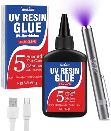 UV Resin Kit with Light, 60g UV Glue with Rechargeable Light, 5 Second Fast Cure UV Glue Adhesive, Clear Repair Kit for Welding Resin, Jewelry Bonding, Plastic, Glass, Acrylic, Craft Decoration