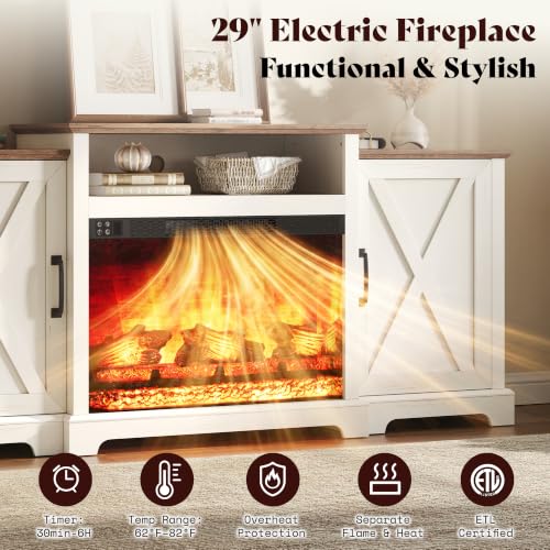Image of AMERLIFE 70 inch Farmhouse Fireplace TV Stand with Storage for TVs up to 80 inch | Entertainment Center with 29 inch Electric Fireplace, Media Console with 2 Cabinets & Adjustable Shelf, White