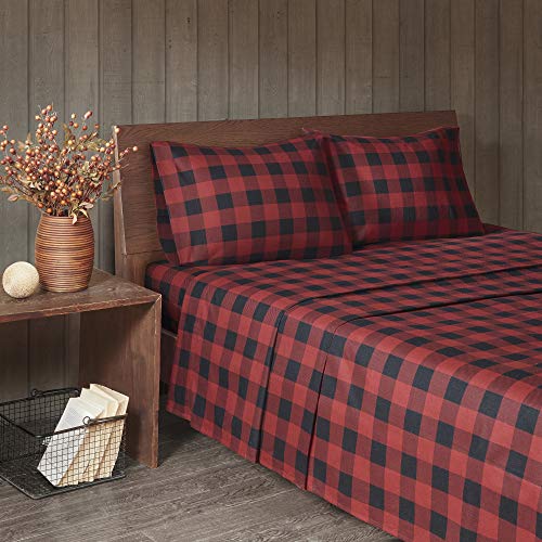 Image of Woolrich Cotton Sheet Set Cottage Charms Print, 100% Cotton Flannel Sheets Warm & Fuzzy Bedding Set Cal King Size Sheets, Fitted Pocket Fits Up to 14 inch Mattress, Cal King Red /Black Checkered, 4 Piece