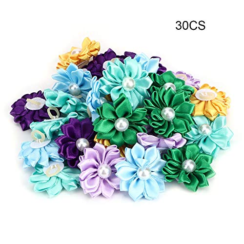 Hffheer 30Pcs Lazos para el Cabello de Flores Multicolores para Mascotas Pinza de Pelo de Tela de poliéster con Forma de Margarita Elegante con Bandas de Goma para Gato Perro Mediano pequeño