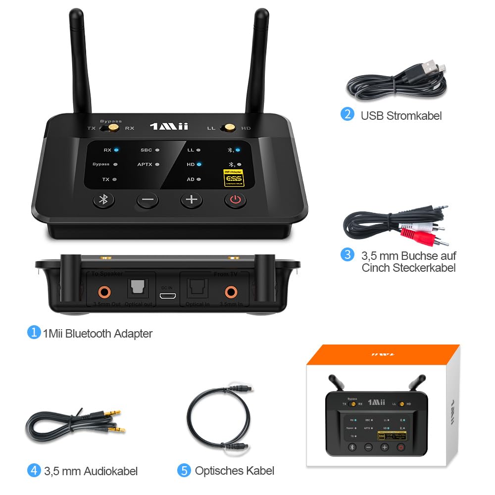 1Mii B03Pro Bluetooth 5.3 Transmitter & Empfänger für 2 Kopfhörer, 3-in-1 HiFi Audio Adapter mit DAC und AptX HD Low Latency, Splitter für TV & Stereoanlage, AUX/RCA/Optisch, Große Reichweite