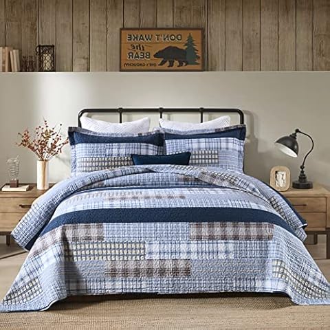 PERHOM Quilt Queen Size - 100% Cotton Queen Quilt Sets, Cozy Patchwork Plaid Queen Size Quilt Bedding Set, Blue Brown Beige Lightweight Rustic Farmhouse Reversible Bedspreads for All Seasons Cover