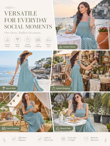 Image of BROVAVE Women Summer Floral Dress: Casual Square Neck Flowy Boho Beach Midi Sundress Sleeveless Tie Shoulder Vacation Daily