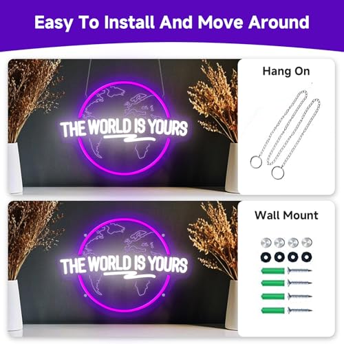 Image of The World Is Yours Neon Sign Dimmable Carved Planet The World Is Yours LED Signs Purple Neon Sign for Bedroom Classroom Man Cave Game Room Birthday Christmas Gifts for Kids