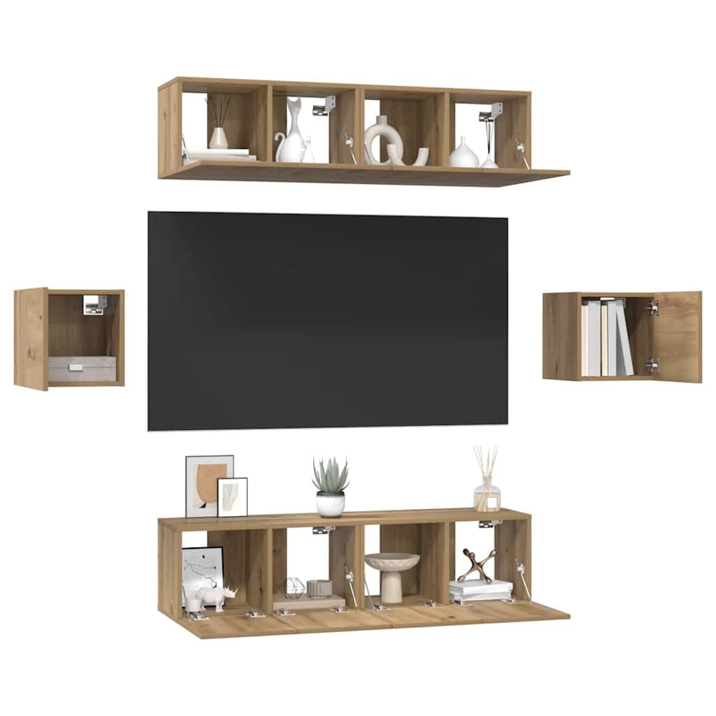 Mueble de pared para TV, 6 piezas, roble Artisan, madera, pared con bisagras, mueble de medios para sala de estar o cine en casa, 60 x 30 x 30 cm