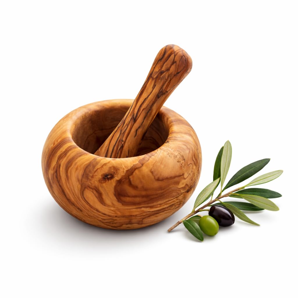 Mortaio con pestello in legno di ulivo naturale, per servizio di cucina spezie ed erbe, realizzato a mano, 16 cm