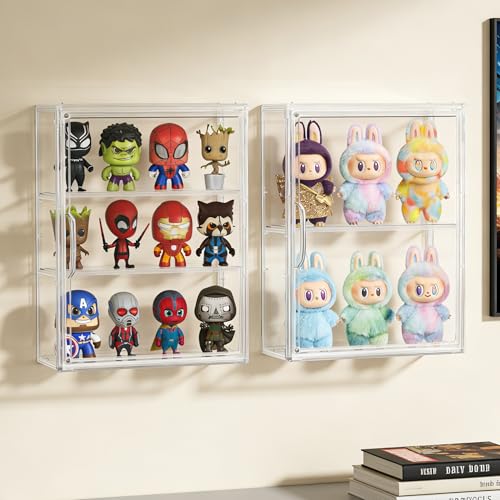 Image of 3 Tier Acrylic Display Case for Figures, Wall-Mounted Clear Storage Organizer Box with 2 Movale Plates & Magnetic Door, Display Cases for Collectibles Action Figure, 2 Pack
