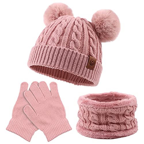 Image of Yuoahcn Kids Winter Beanie Hat Scarf Gloves Set Knit Warm Toddler Winter Cap Gloves Neck Warmer for Boys Girls 1-8 Year