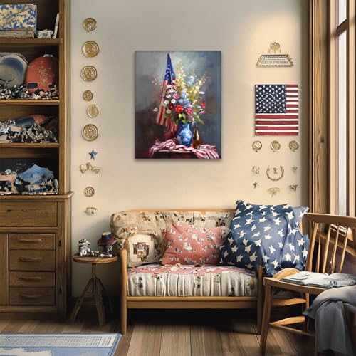 Image of Memorial Day Canvas Wall Art, Patriotic American Flag with Flowers Print, Rustic Veterans Day Oil Painting, USA Independence Day Poster Framed Artwork for Living Room and Office Decor 20x24inch