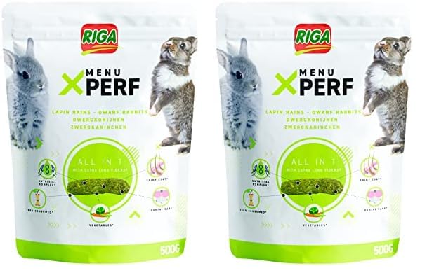 Riga - Menú X'Perf - Pienso para Conejos Enanos - Pellets extruidos - Linaza, Fibra y Verduras - Extractos de Yuca - Enriquecido con prebióticos - Ideal para un Pelaje Brillante - 500 g (Paquete de 2)