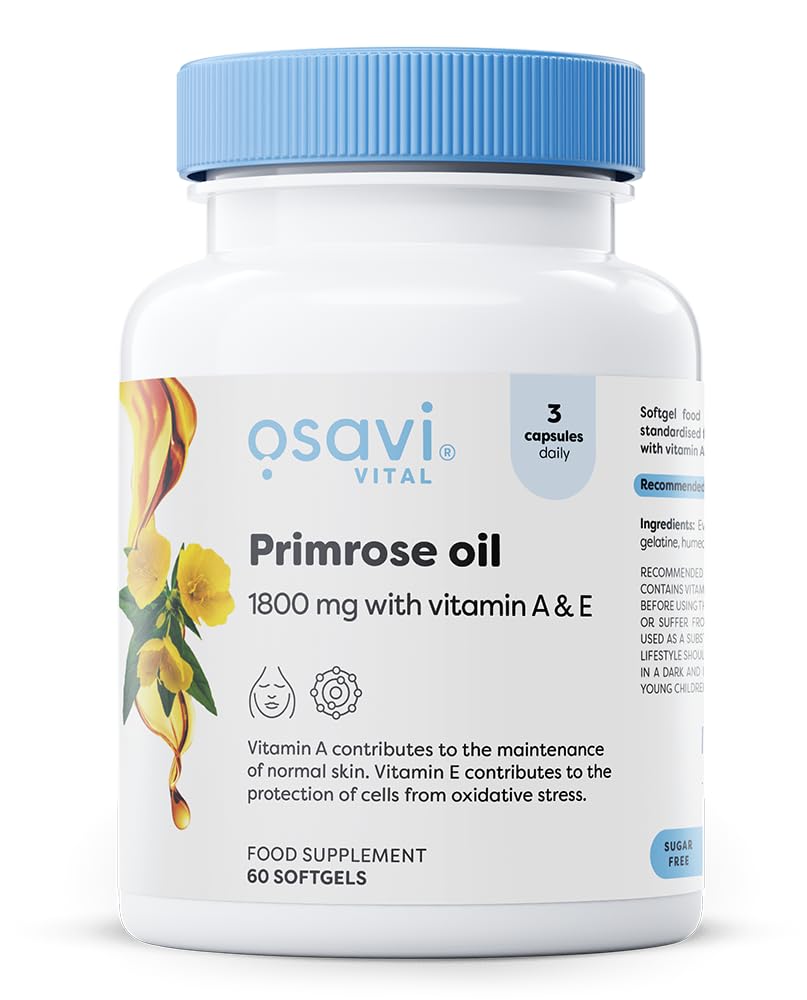 Osavi Primrose Oil 1800 mg with Vitamin A & E – 60 Softgels | Cold–Pressed Evening Primrose Oil with GLA, Enriched with Vitamin A & E | Supports Skin Health & Cell Protection