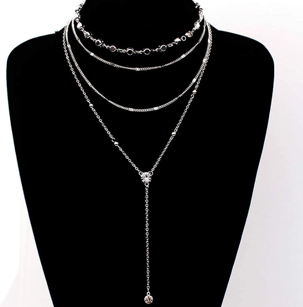 Vista 5 de Zehope Collares de Lariat en capas de plata con diamantes de imitación, gargantilla larga de cristal para mujeres y niñas, Zinc, Diamantes