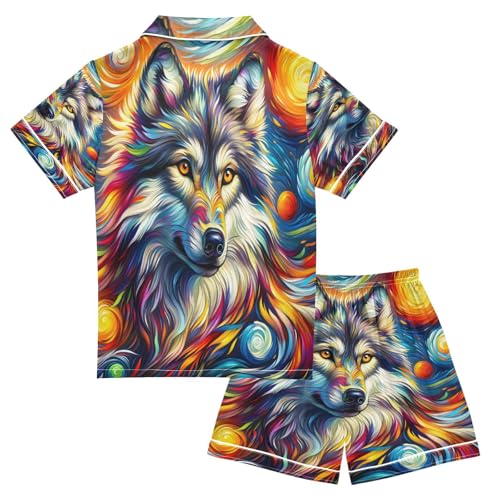 ALAZA Wolf Van Gogh Watercolor Oil Painting Satin Pajamas Set Short Sleeve Button Down Sleepwear Summer Pjs 2 Piece2