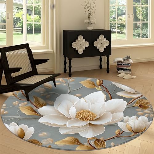 Tapete redondo lavable de 5 pies con flores magnolia miniatura 3
