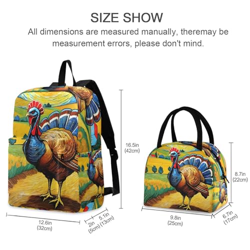 Backpack Lunch Bag Set Turkey Van Gogh Print, Big Storage Travel Backpacks with Insulated Lunch Box for Office Hiking Picnic2