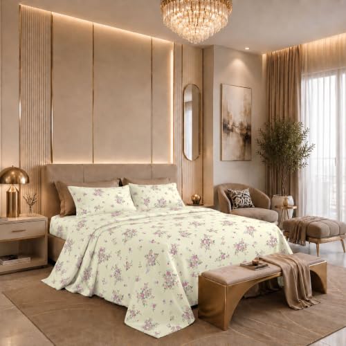 Image of Jaipur Weaves Cotton Percale King Size Bedsheet 108x108 Super King, 100% Pure Cotton Bed Sheet with 2 Pillow Covers, 300 TC Soft Breathable Floral Design Bedding (Floral Pink, Super King)