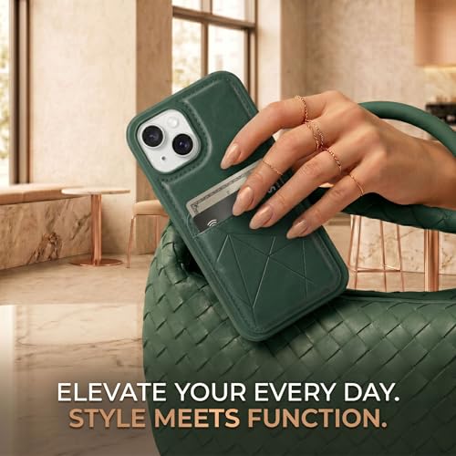 Image of amazon basics Premium Vegan Leather Back Cover with Card Holder and Integrated Mobile Stand for iPhone 15 - Slim Shockproof Wallet Case with Geometric Stitching [Green]
