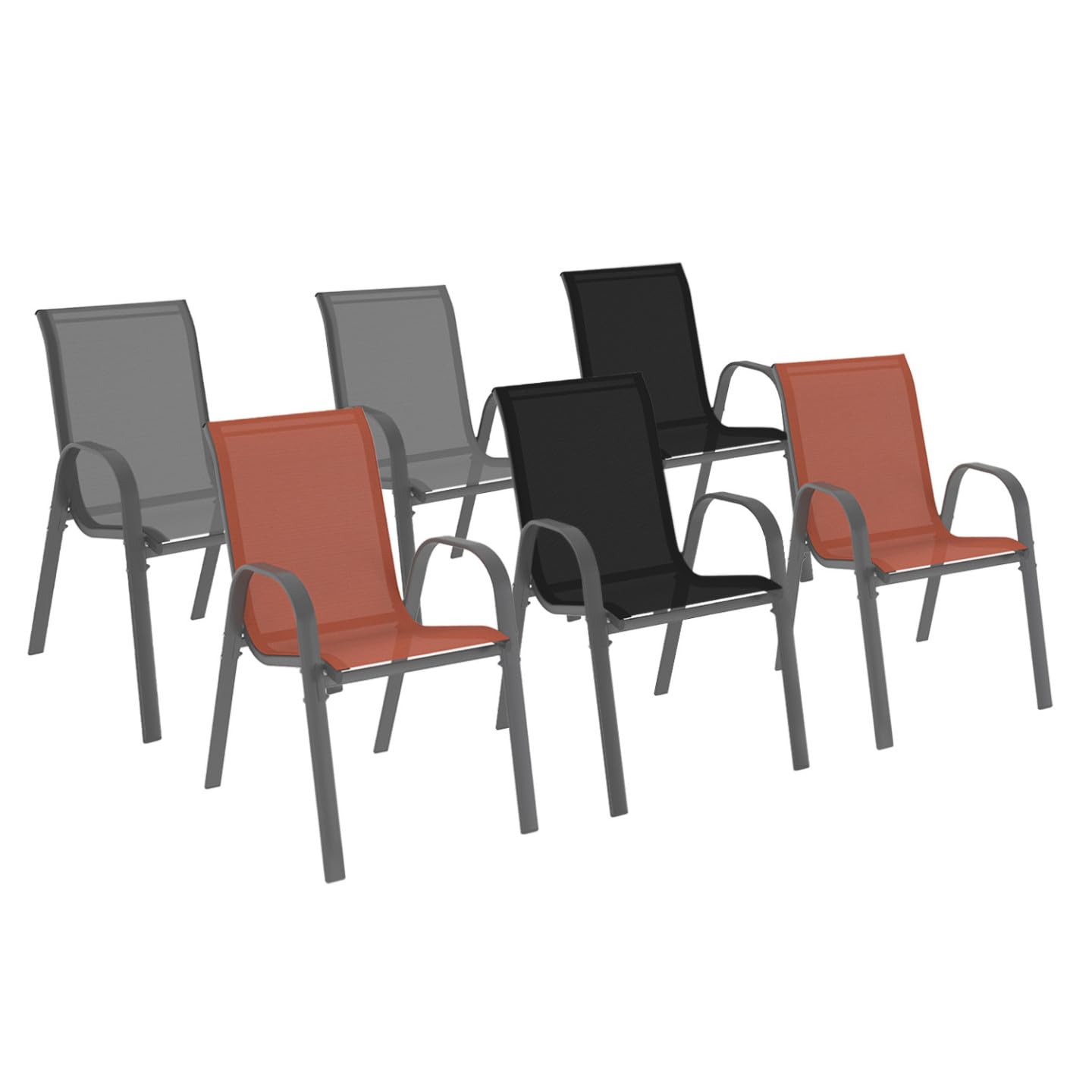 IDMarket - Lot de 6 chaises de Jardin LYMA métal et textilène empilables Gris Noir et Terracotta